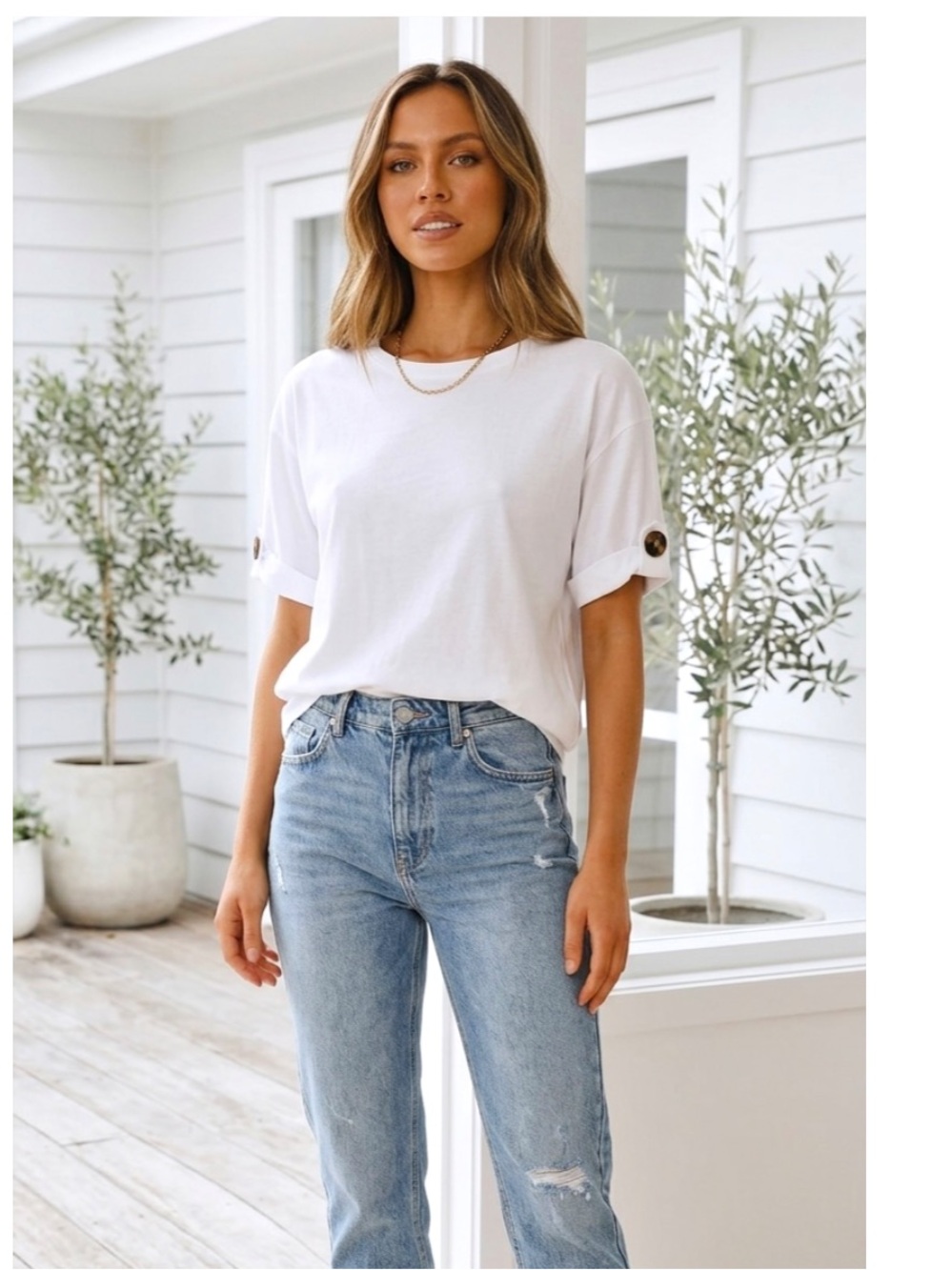 New Zara Round Neck Cuffed Detailed Short Sleeve T-Shirt White Size Large